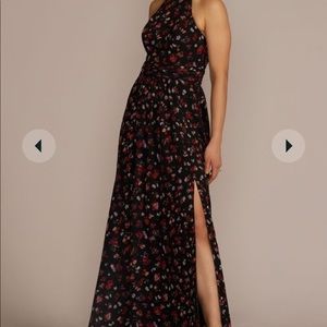 David's Bridal Women's Floral Print Halter A-Line Dress with Slit